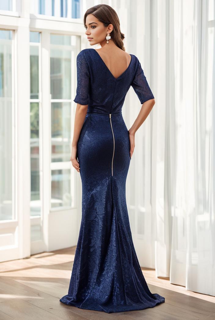 3 4 sleeve bodycon plunging back sequin evening dress 125768
