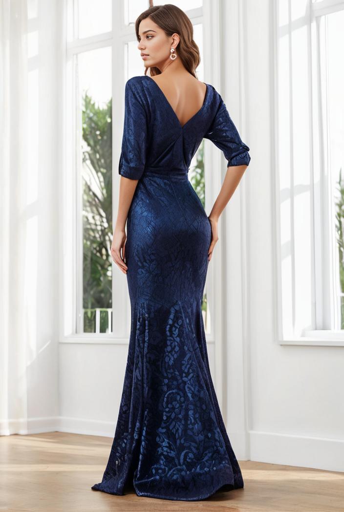3 4 sleeve bodycon plunging back sequin evening dress 125770