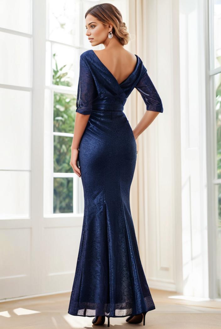 3 4 sleeve bodycon plunging back sequin evening dress 125773