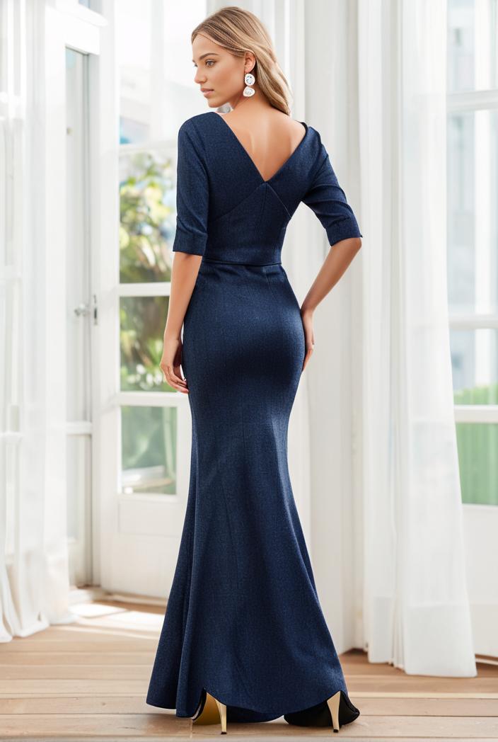 3 4 sleeve bodycon plunging back sequin evening dress 125772