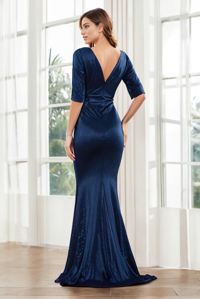 3 4 sleeve bodycon plunging back sequin evening dress 125775