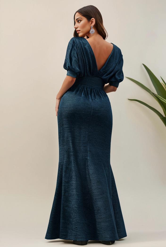 3 4 sleeve bodycon plunging back sequin evening dress 119588