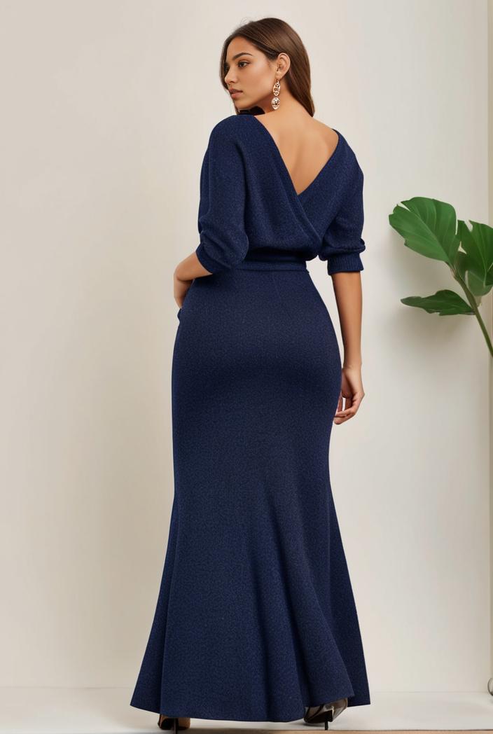 3 4 sleeve bodycon plunging back sequin evening dress 119587