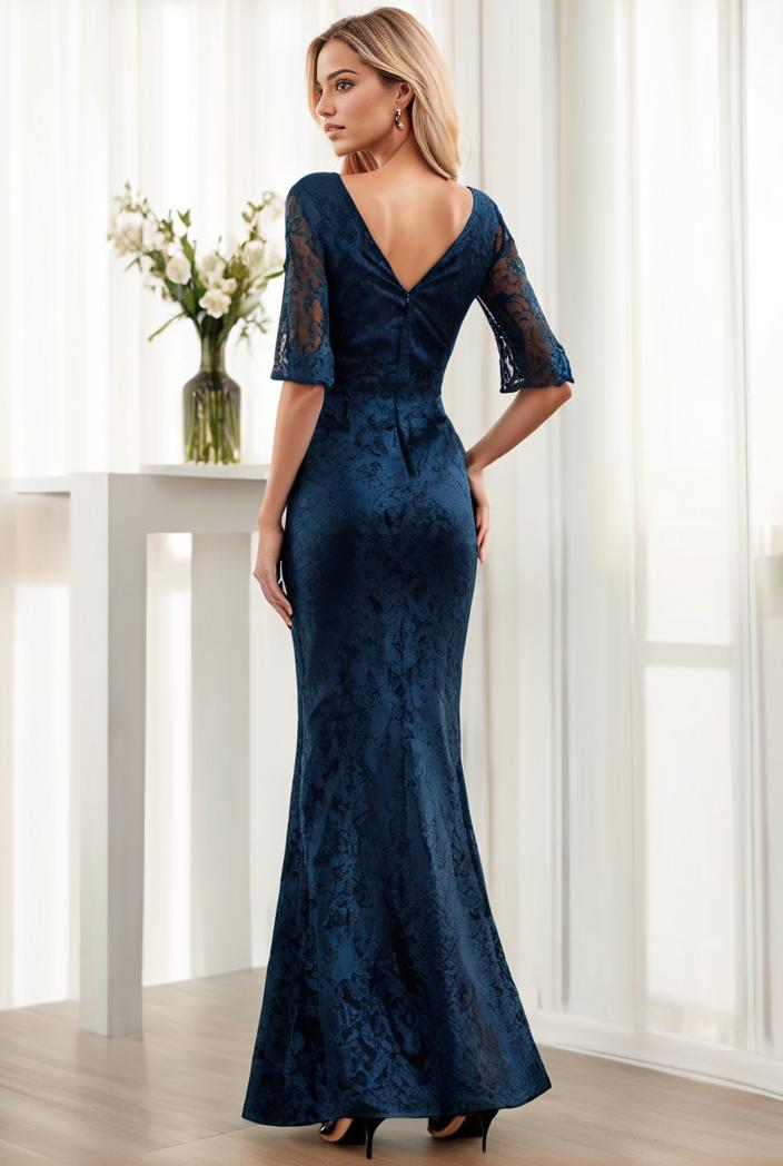 3 4 sleeve bodycon plunging back sequin evening dress 119597