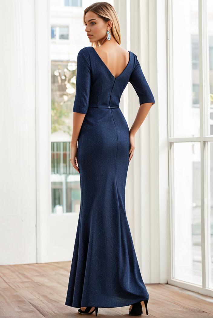 3 4 sleeve bodycon plunging back sequin evening dress 119599