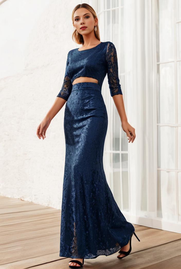 3 4 sleeve bodycon plunging back sequin evening dress 131490