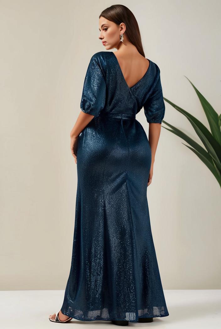 3 4 sleeve bodycon plunging back sequin evening dress 131511