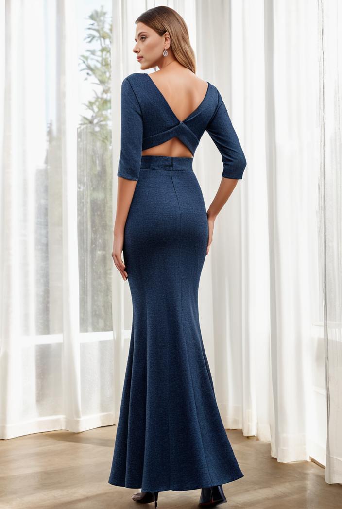 3 4 sleeve bodycon plunging back sequin evening dress 131522