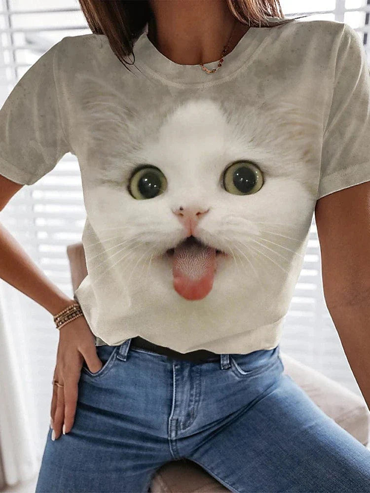 3D Brown Print Cat Women's Short Sleeve T-Shirt with Round Neck