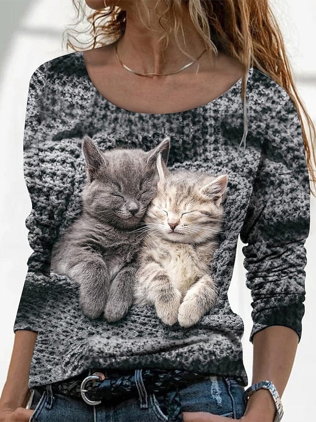 3D Cat Print Women's Long Sleeve T-Shirt in Dark Gray