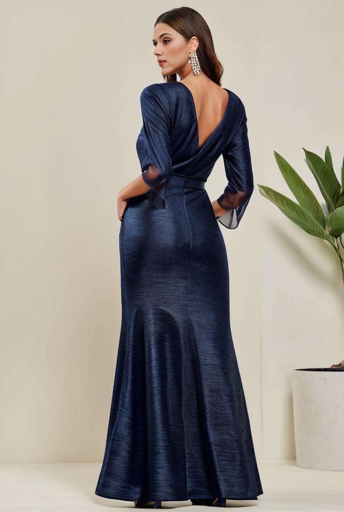 3 4 sleeve bodycon plunging back sequin evening dress 125385