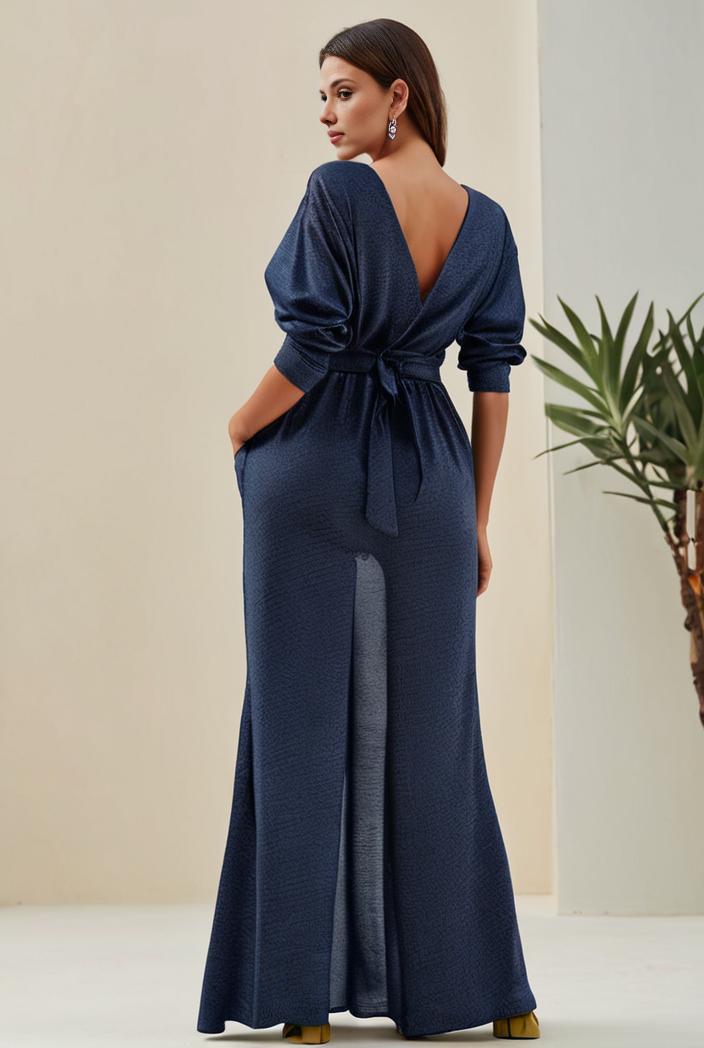 3 4 sleeve bodycon plunging back sequin evening dress 125390