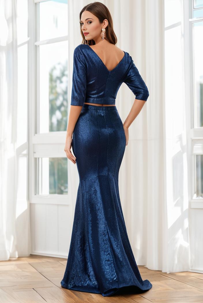 3 4 sleeve bodycon plunging back sequin evening dress 125399