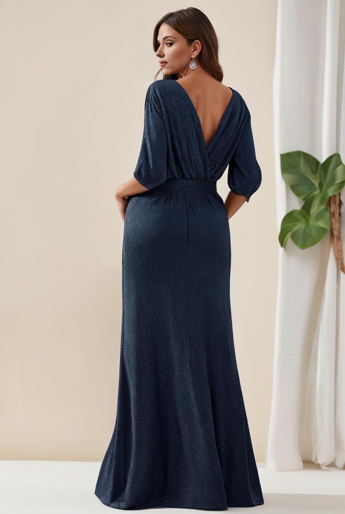 3 4 sleeve bodycon plunging back sequin evening dress 137483