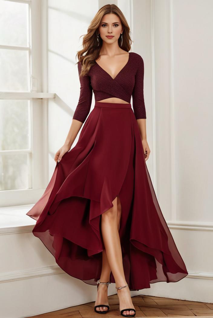 3 4 sleeve sheer sequin stripe high low hem evening dress 137526