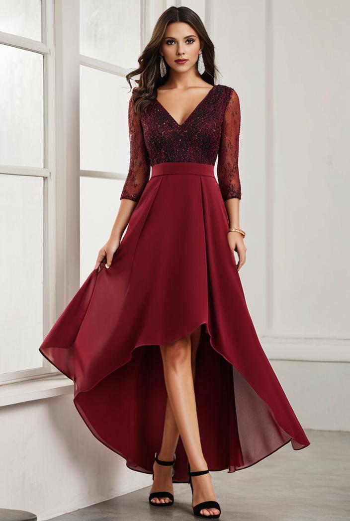 3 4 sleeve sheer sequin stripe high low hem evening dress 137532