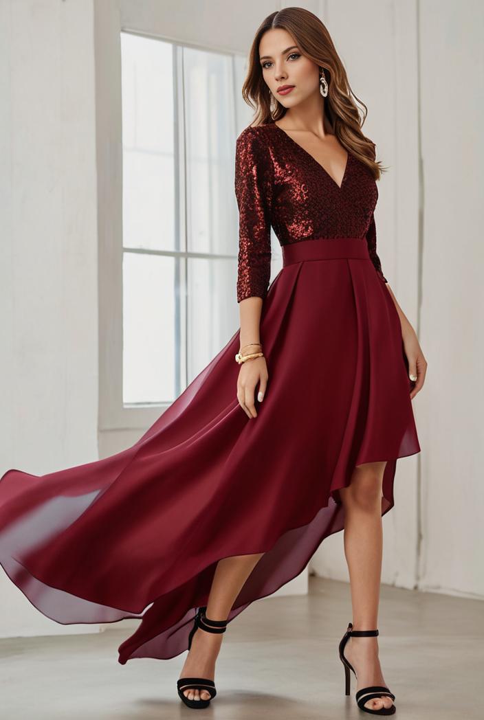 3 4 sleeve sheer sequin stripe high low hem evening dress 137543