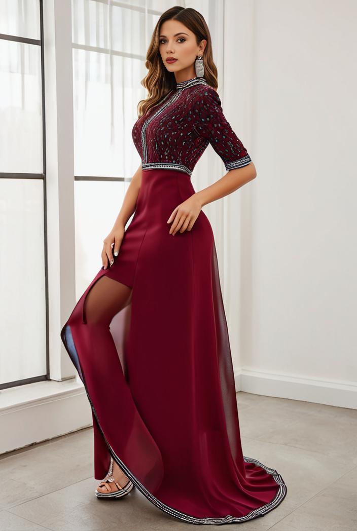 3 4 sleeve sheer sequin stripe high low hem evening dress 137557