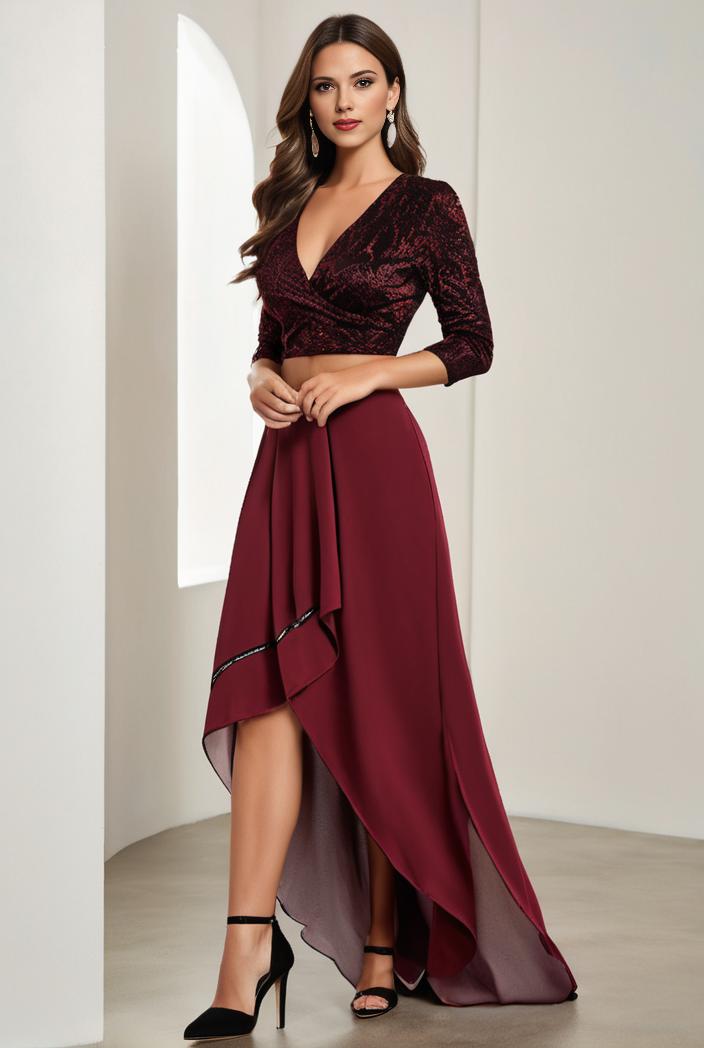 3 4 sleeve sheer sequin stripe high low hem evening dress 137559