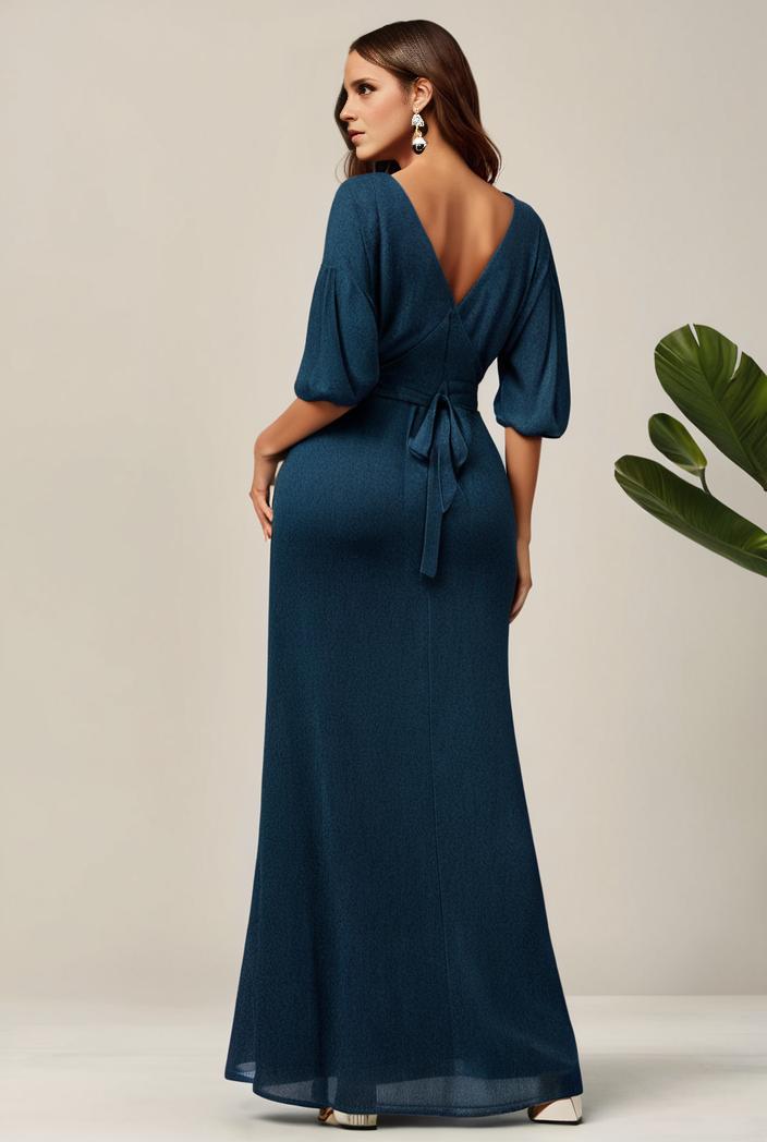 3 4 sleeve bodycon plunging back sequin evening dress 145497