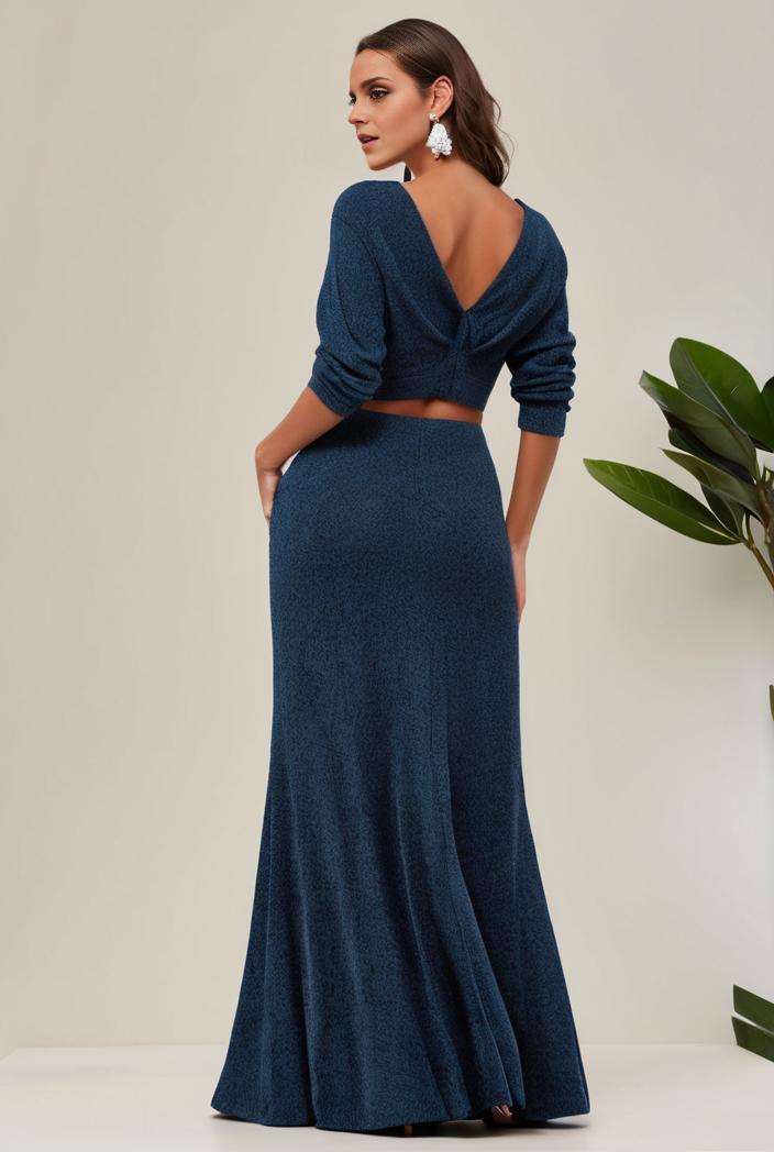 3 4 sleeve bodycon plunging back sequin evening dress 145501