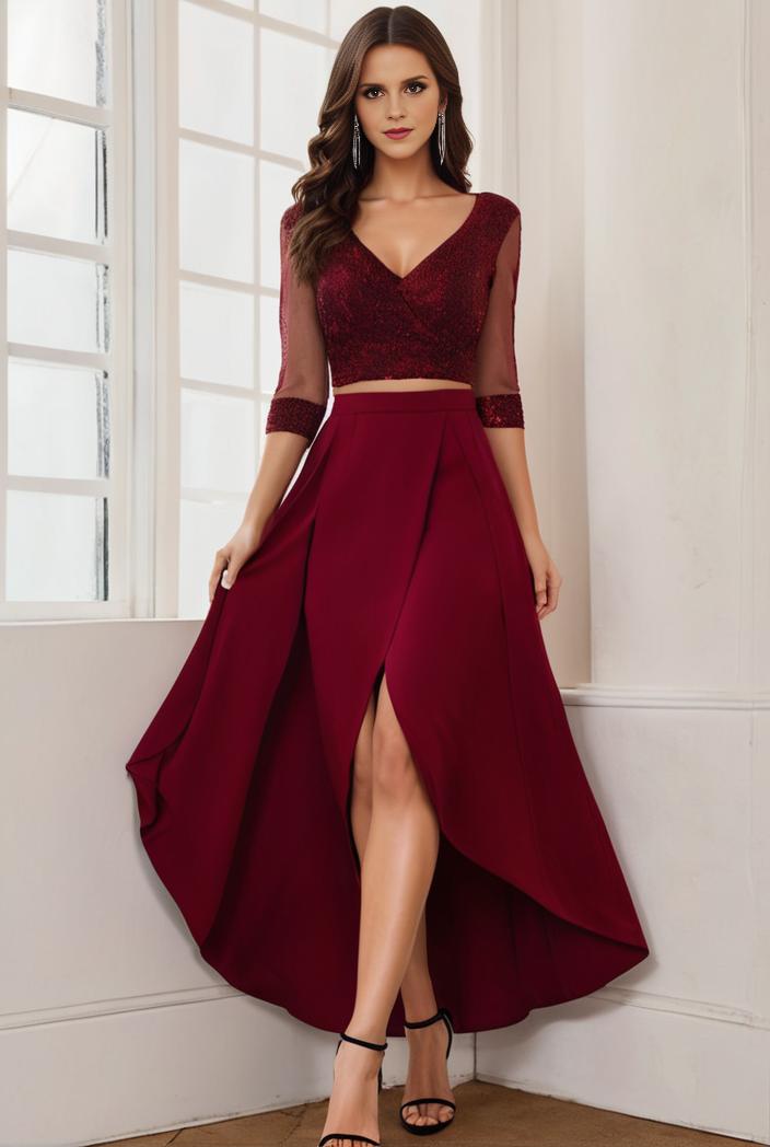 3 4 sleeve sheer sequin stripe high low hem evening dress 145544