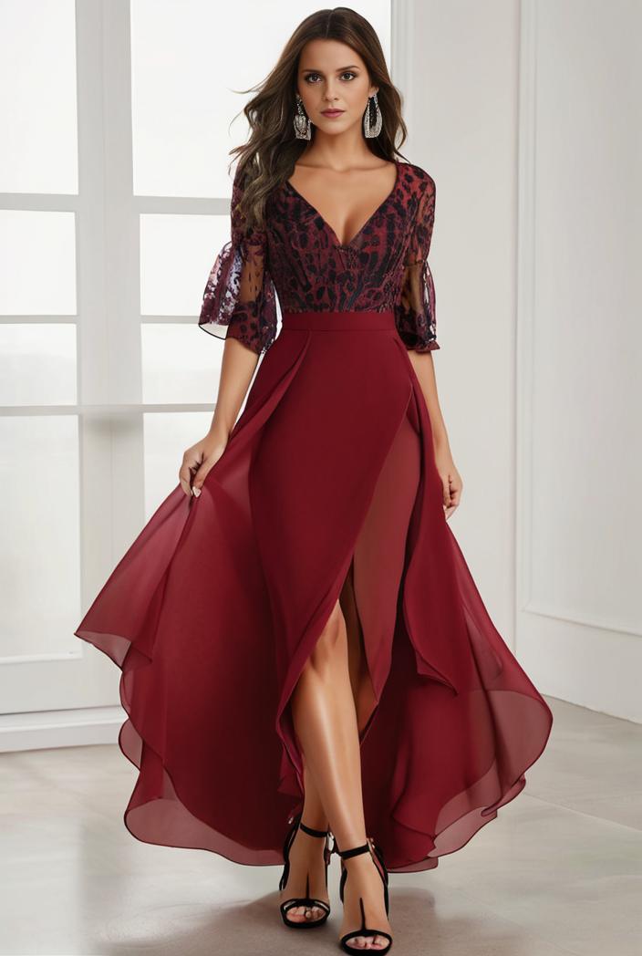 3 4 sleeve sheer sequin stripe high low hem evening dress 145586