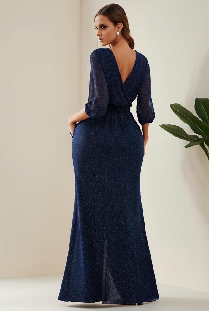 3 4 sleeve bodycon plunging back sequin evening dress 131197