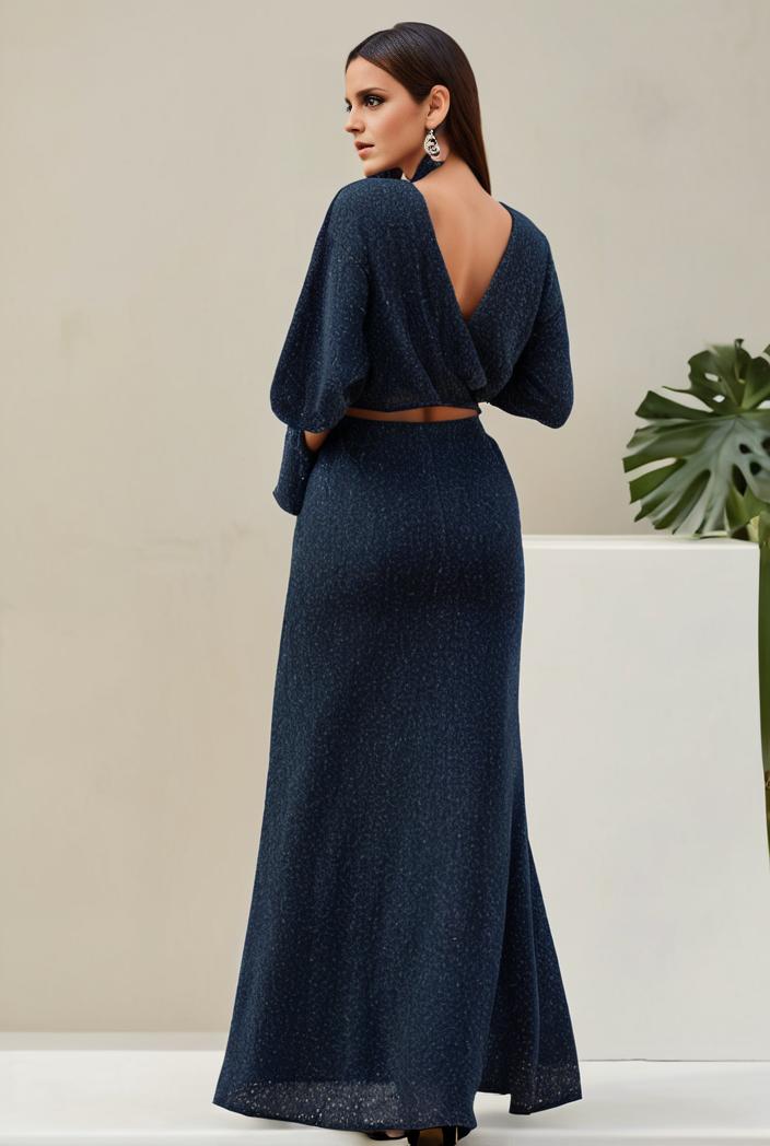 3 4 sleeve bodycon plunging back sequin evening dress 131200