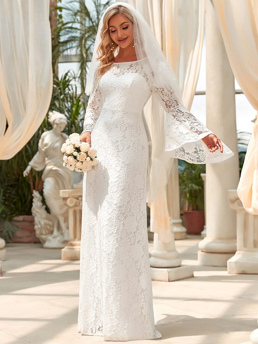 A-Line Wedding Dress with Round Neck and Bat-Wing Sleeves