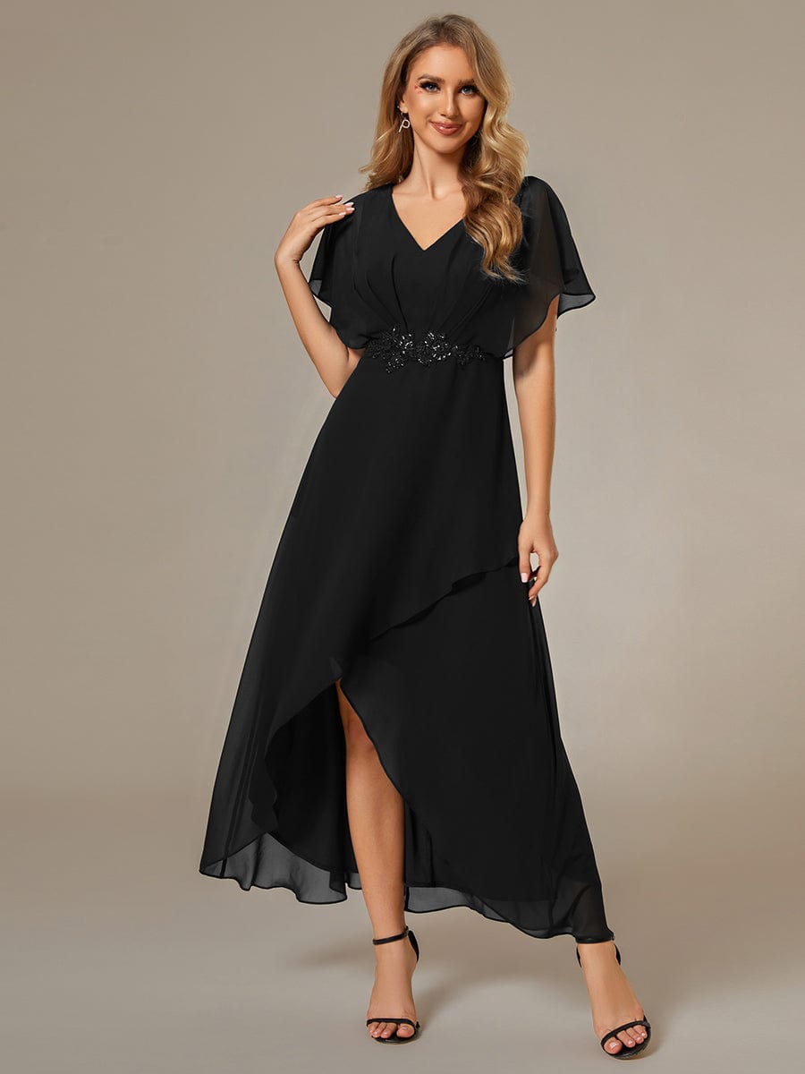 Graceful Lotus Leaf Hem Chiffon Formal Dress with Short Sleeves