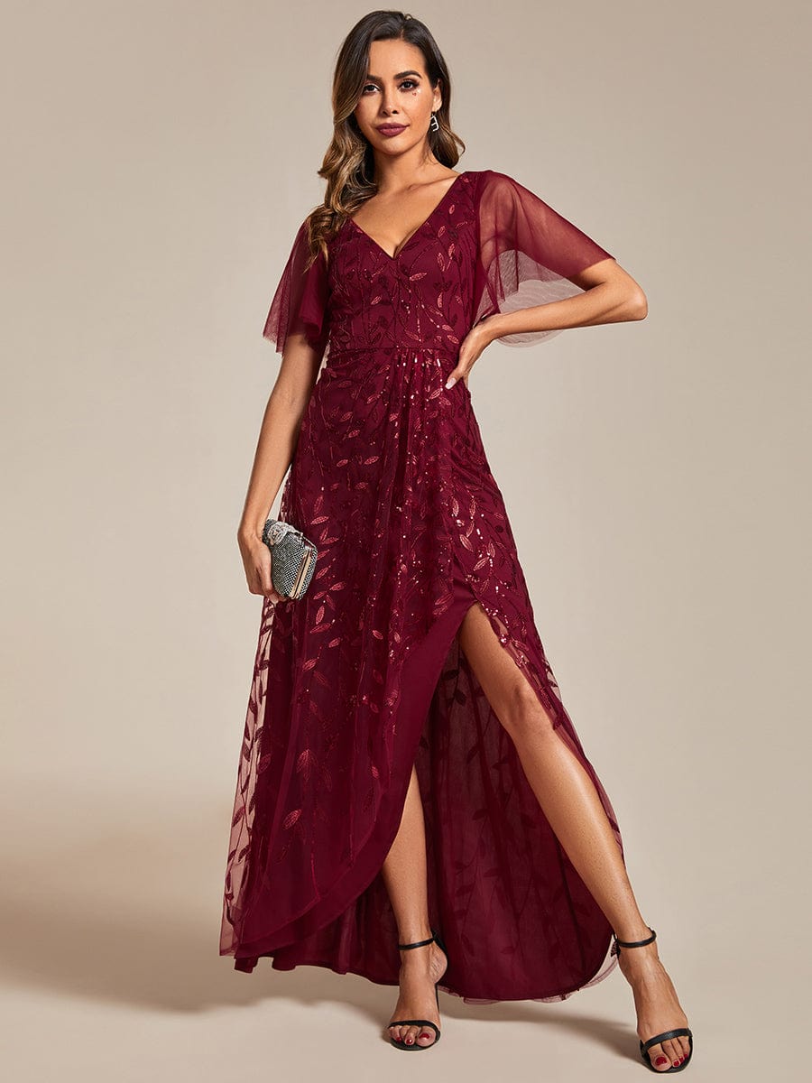 Sparkling V-Neck Sequin High Low Evening Dress