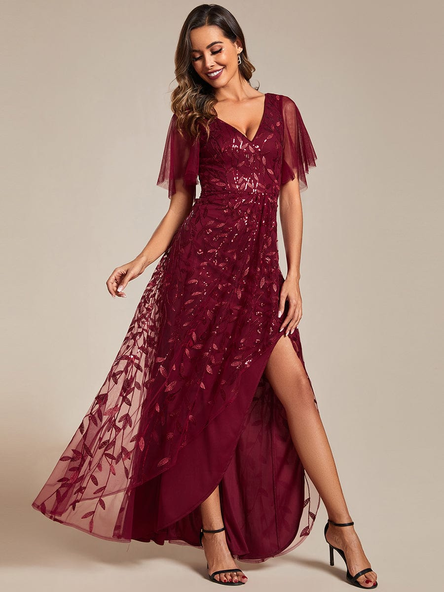 Sparkling V-Neck Sequin High Low Evening Dress