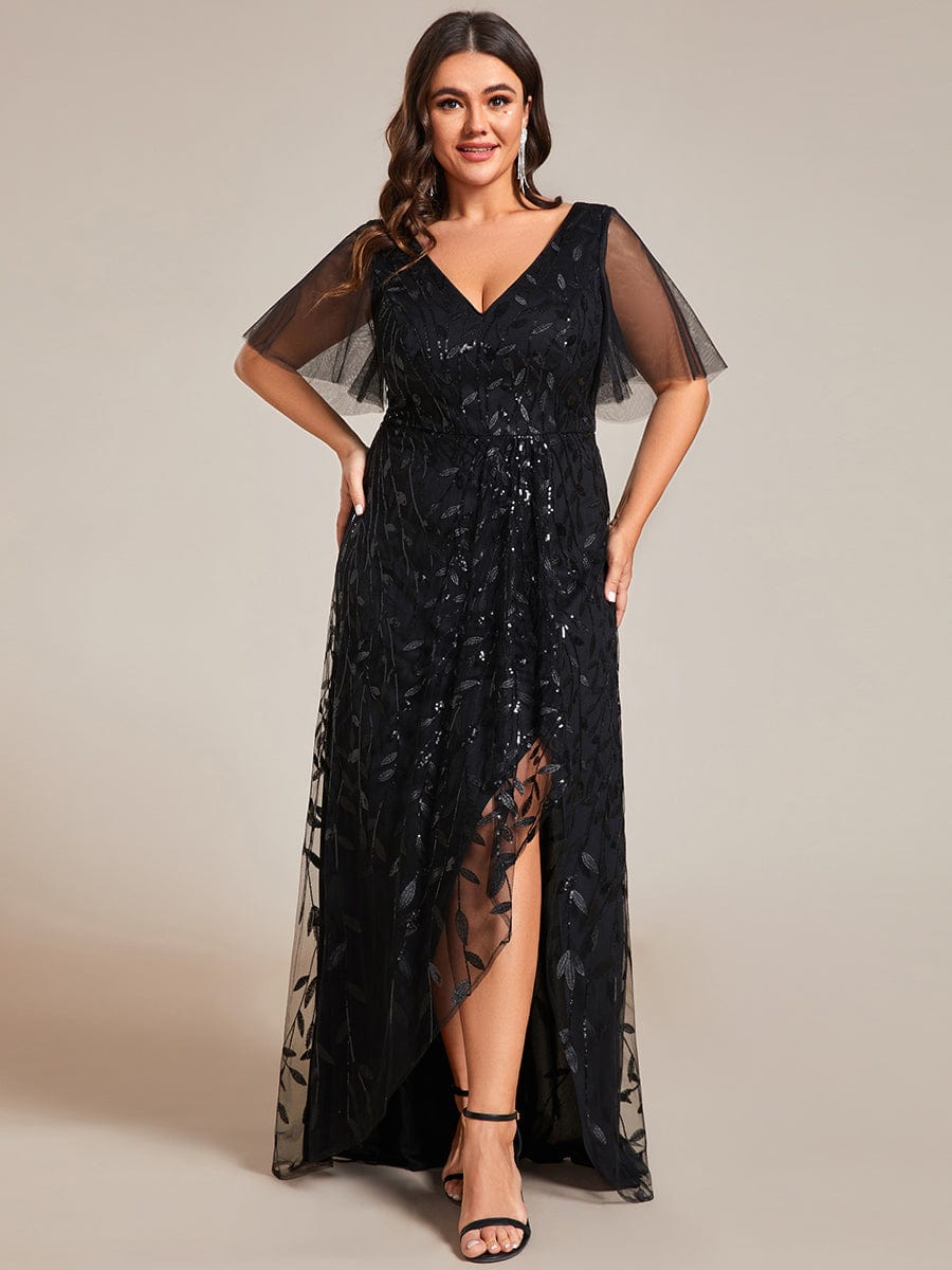 Sparkling V-Neck Sequin High Low Evening Dress