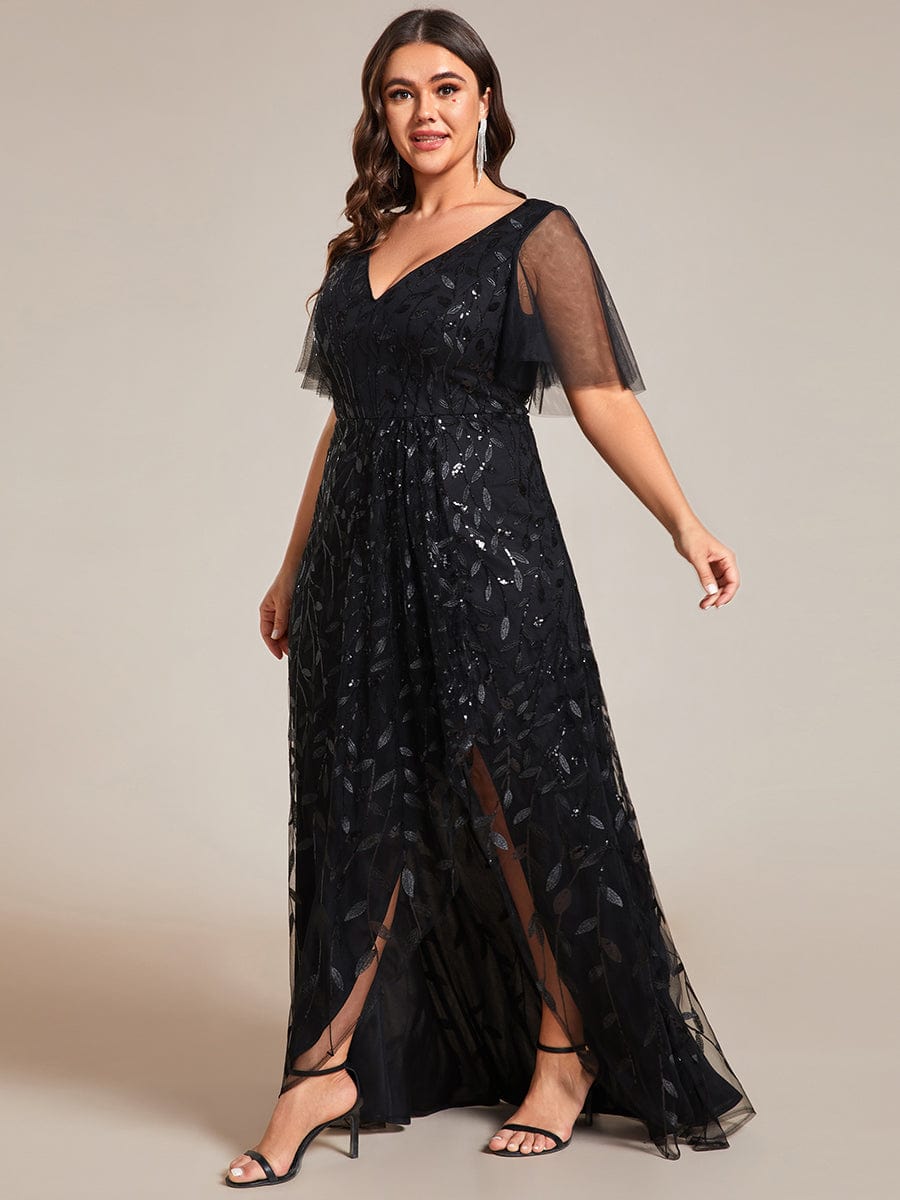 Sparkling V-Neck Sequin High Low Evening Dress