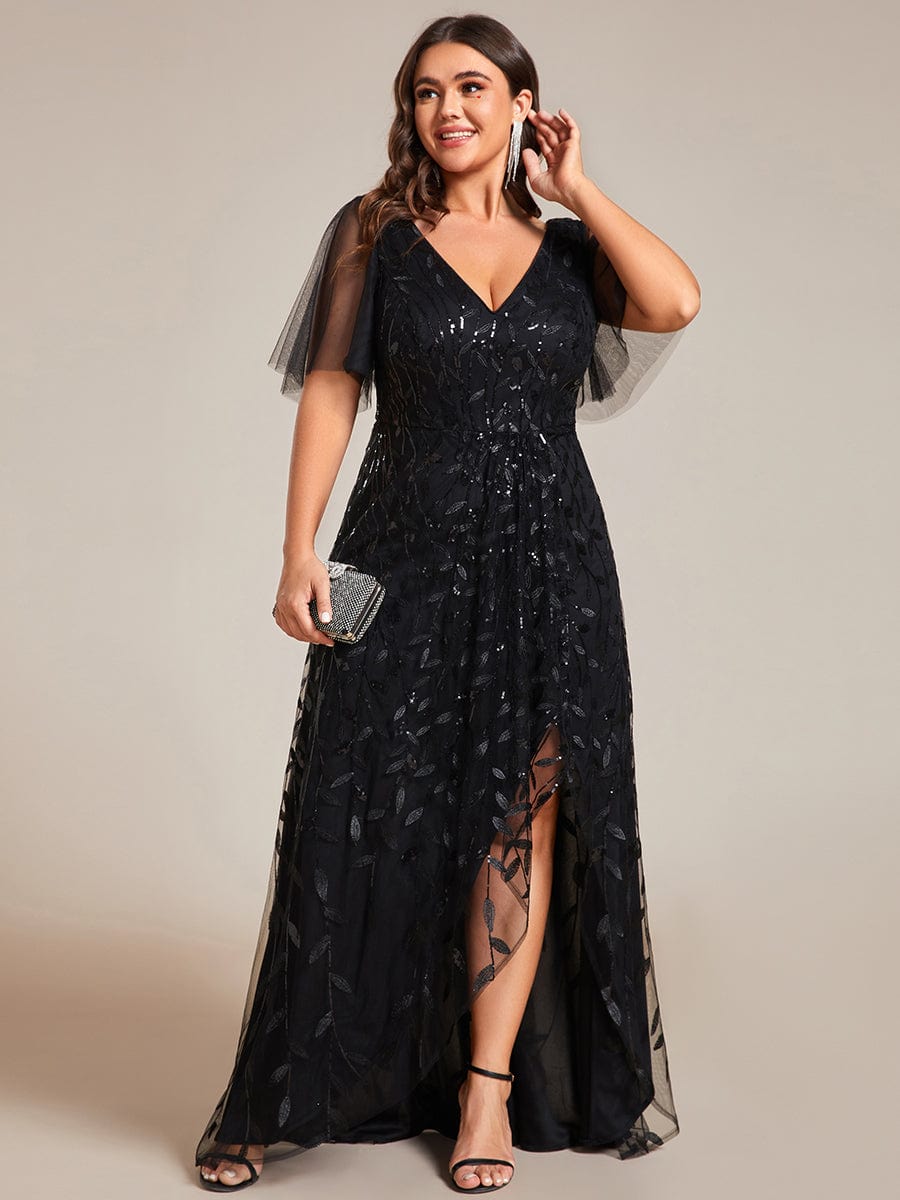 Sparkling V-Neck Sequin High Low Evening Dress