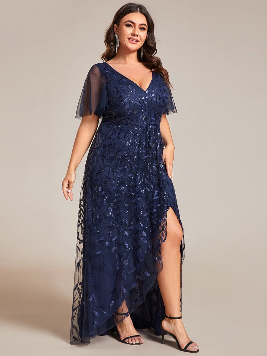 Sparkling V-Neck Sequin High Low Evening Dress