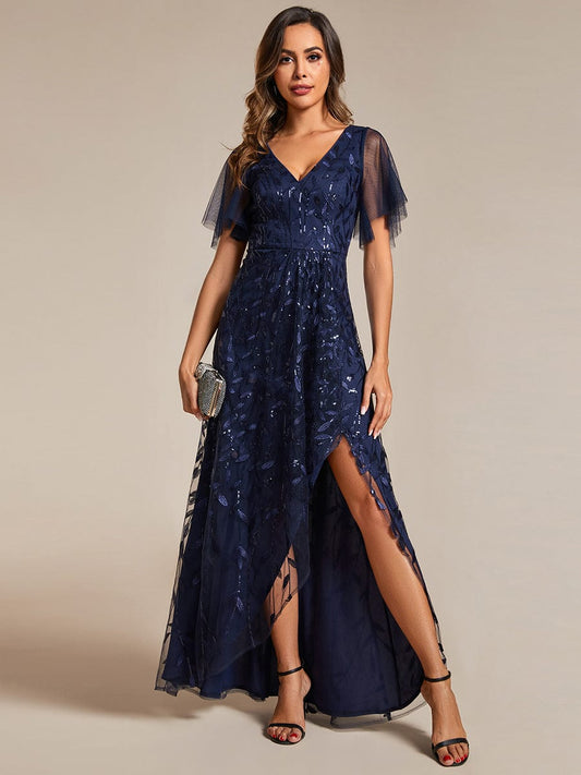 Sparkling V-Neck Sequin High Low Evening Dress