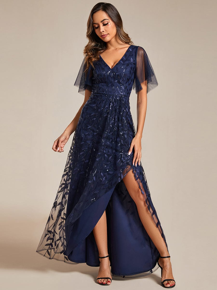 Sparkling V-Neck Sequin High Low Evening Dress