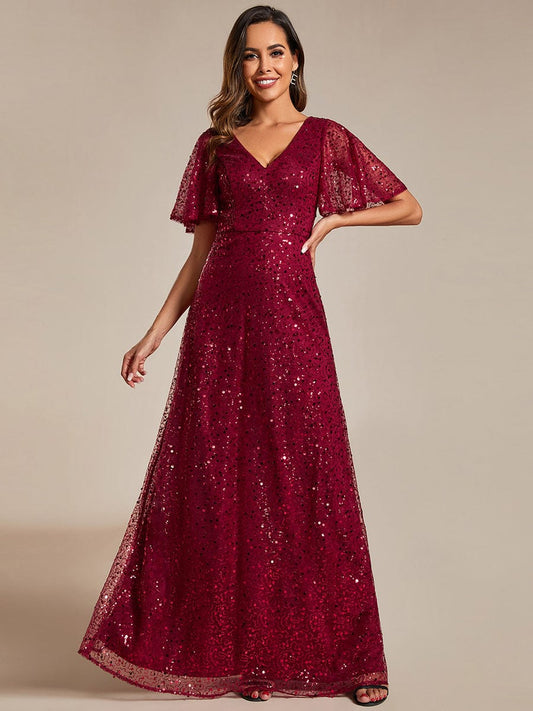 Sparkling Short Sleeves Sequin A-Line Evening Gown