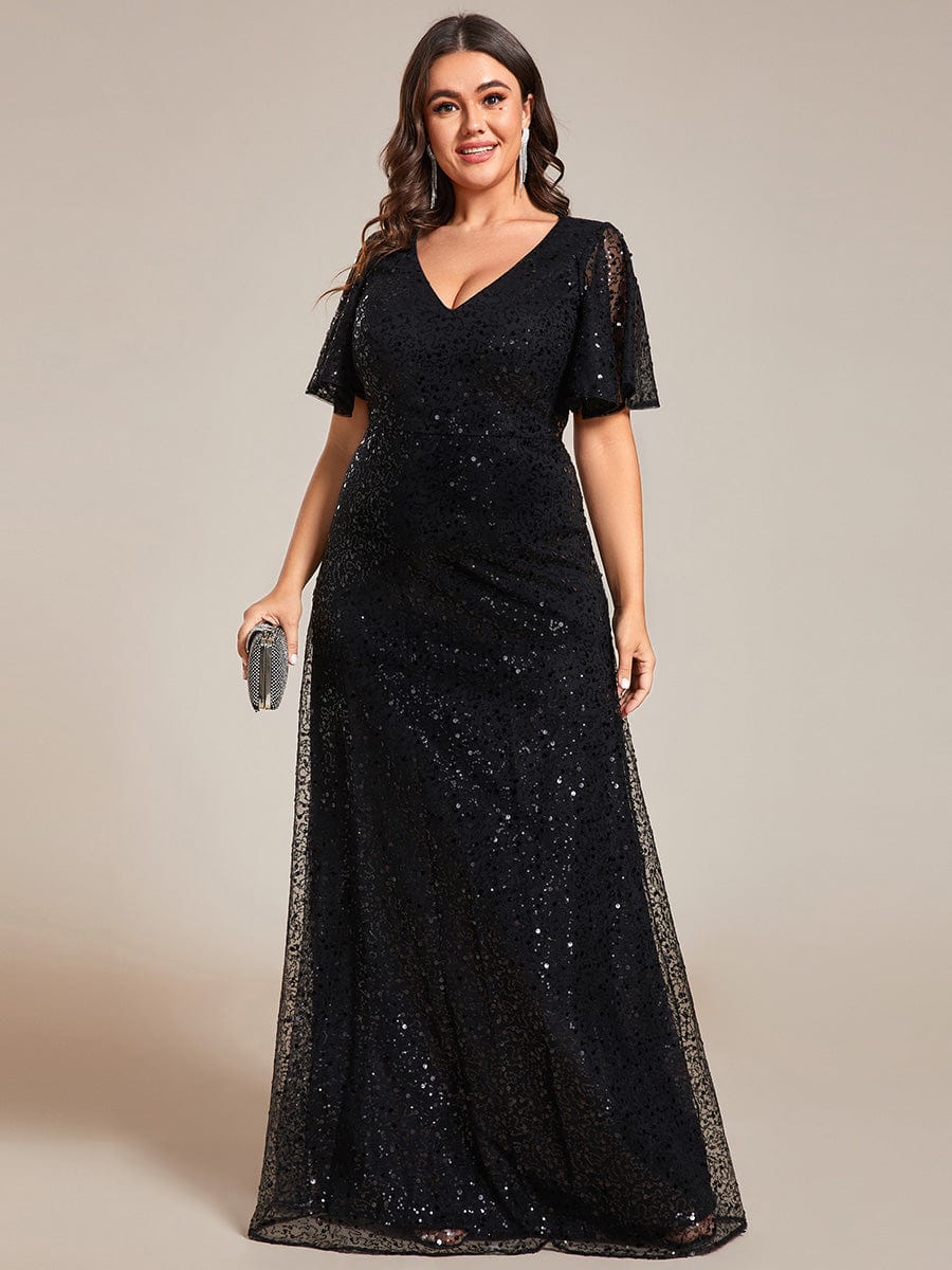 Sequin Embellished Plus Size Formal Evening Dress with Sheer Sleeves