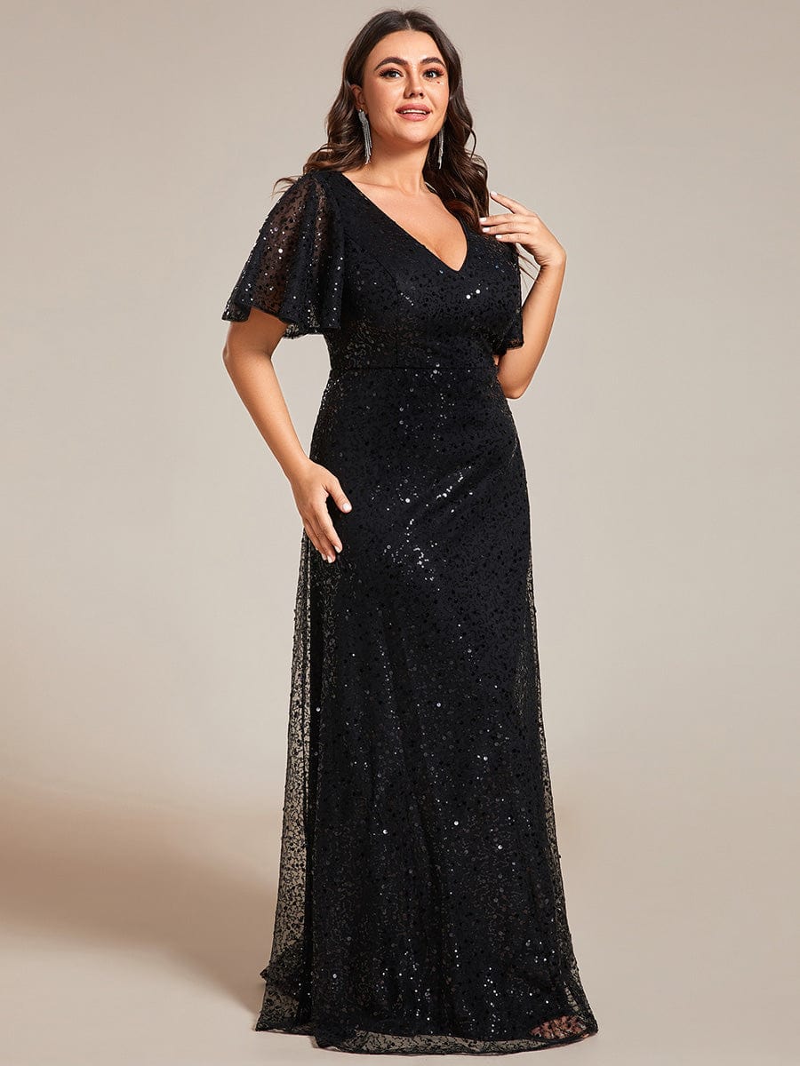 Sequin Embellished Plus Size Formal Evening Dress with Sheer Sleeves