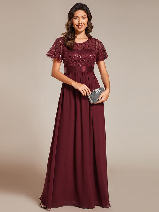 Sequin Embellished High-Waisted Chiffon Evening Gown