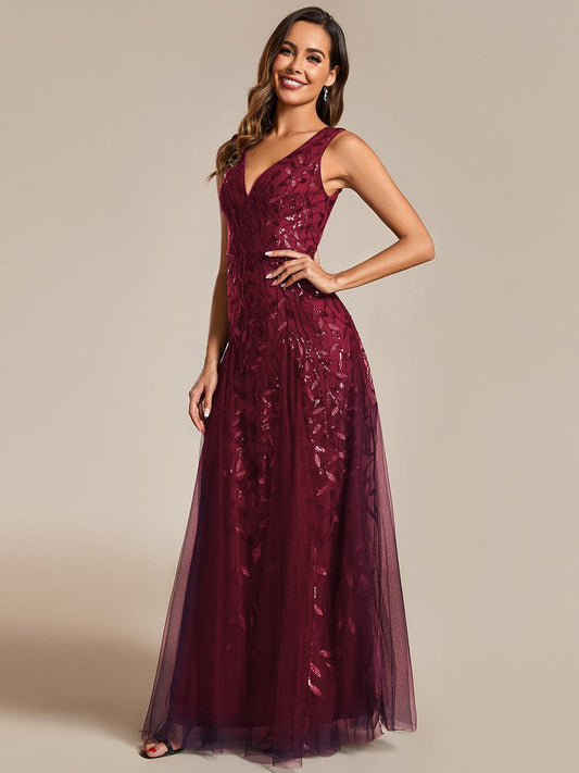 Leaf Sequin A-Line Evening Gown with Tulle and V-Neck