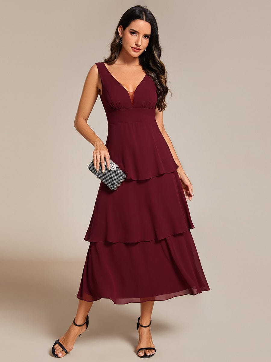 Chiffon A-Line Wedding Guest Dress with Layered Hem and V-Neck