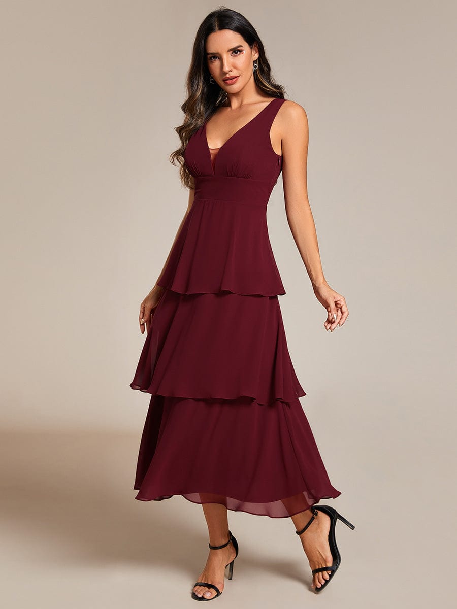 Chiffon A-Line Wedding Guest Dress with Layered Hem and V-Neck