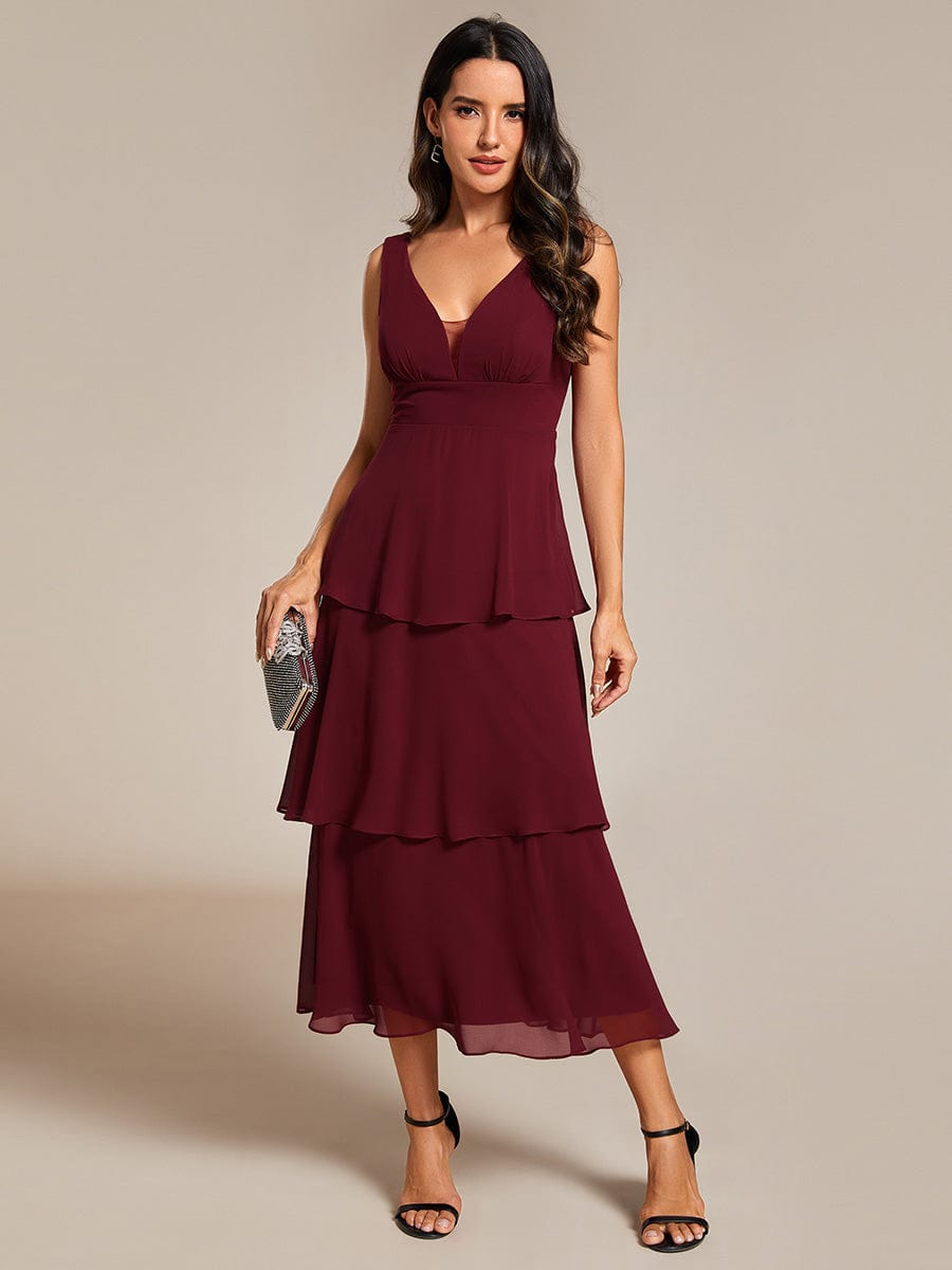 Chiffon A-Line Wedding Guest Dress with Layered Hem and V-Neck