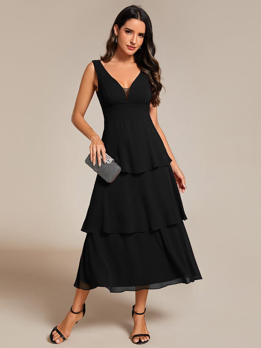 Chiffon A-Line Wedding Guest Dress with Layered Hem and V-Neck