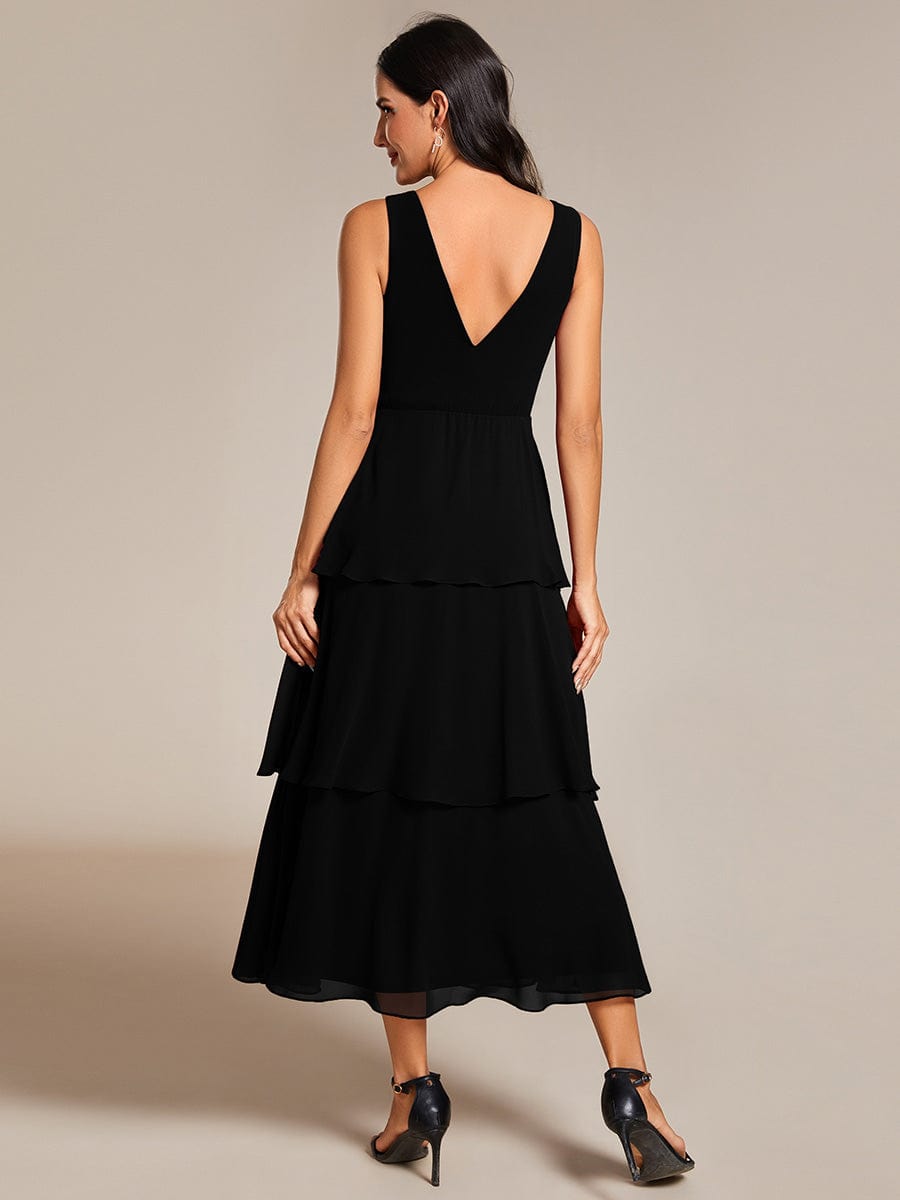 Chiffon A-Line Wedding Guest Dress with Layered Hem and V-Neck