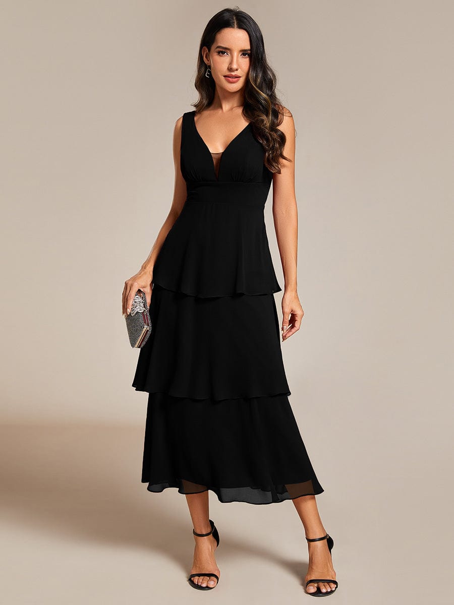 Chiffon A-Line Wedding Guest Dress with Layered Hem and V-Neck